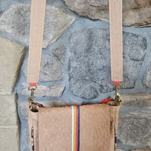 Elegant Tan Crossbody Bag with Rainbow Stripe